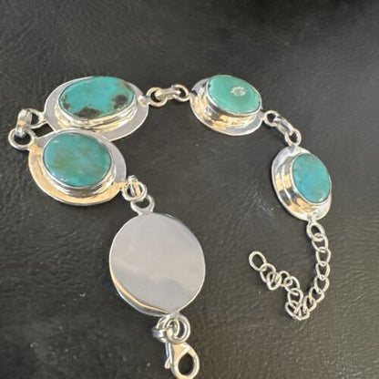 Navajo Blue Turquoise Link Bracelet | Sterling Silver | 8" | Authentic Native American Handmade | 15477