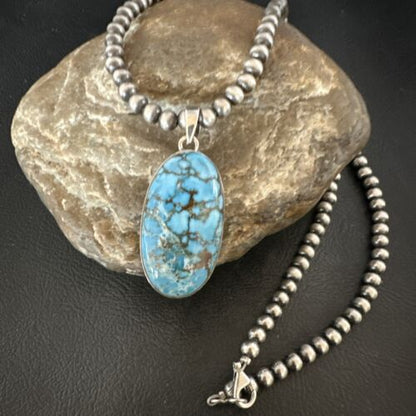 Navajo Blue Spiderweb Turquoise Pendant Necklace | Sterling Silver | Authentic Native American Handmade | 17028