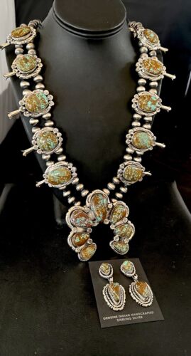 Navajo Blue Turquoise #8 Squash Blossom Necklace with Naja Earrings | Sterling Silver | 17204 - Masha USA