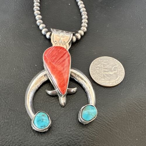 Navajo Blue Turquoise Red Spiny Oyster Naja Pendant | Sterling Silver | Authentic Native American Handmade | 16409