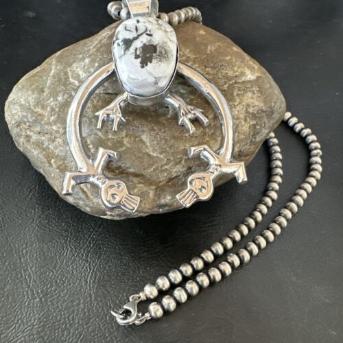 Navajo White Buffalo Turquoise Naja Pendant Necklace | Sterling Silver | Authentic Native American Handmade | 17122