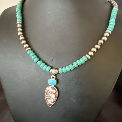 Navajo Wild Horse | Blue Kingman Turquoise Pendant Necklace | Sterling Silver | Native American Handmade | 17578