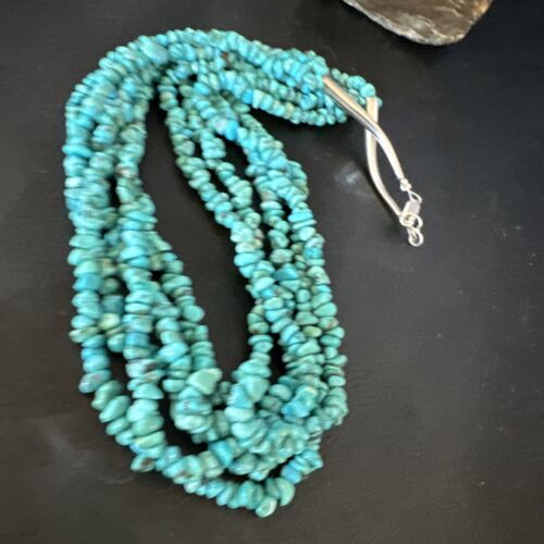 Navajo Blue Turquoise Nugget Bead Necklace | 5 Strand | Sterling Silver | 18" | 15077