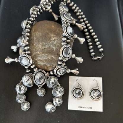 Navajo White Buffalo Turquoise Squash Blossom Necklace & Earrings | Sterling Silver | 16547