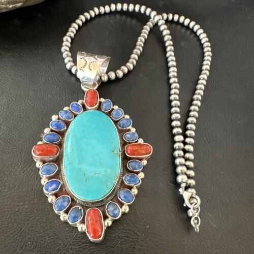 Navajo Blue Kingman Turquoise Coral Lapis Pendant Necklace | Sterling Silver | 17150