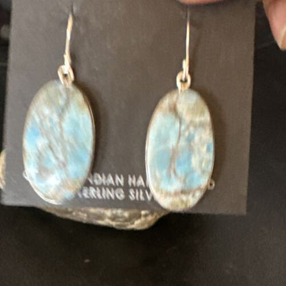 Navajo Blue Turquoise Dangle Earrings | Sterling Silver | Authentic Native American Handmade | 15430