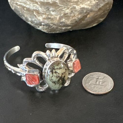 Navajo Green Turquoise & Coral Tufa Cast Cuff Bracelet | Sterling Silver | Authentic Native American Handmade | 16777