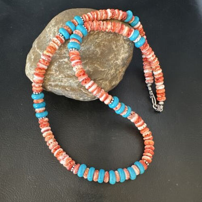 Women's Turquoise Spiny Oyster Necklace | Navajo Pearl Sterling Silver | Authentic Native American Handmade | 22" | 15057