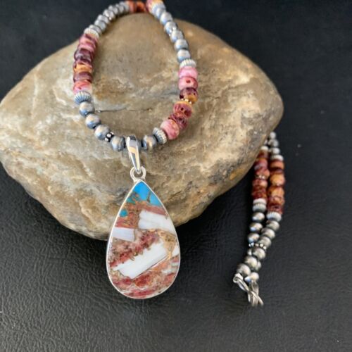 Navajo Pearls Turquoise & Spiny Oyster Pendant Necklace | Sterling Silver | 20" | Authentic Native American Handmade | 13872
