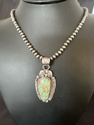 Navajo Blue Turquoise #8 Pendant | Sterling Silver Necklace with Pearls | Authentic Native American Handmade | 15904