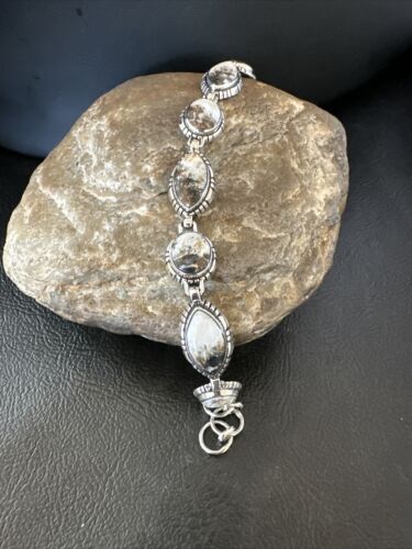 White Buffalo Turquoise 8-Stone Navajo Sterling Silver Link Bracelet 8" | Handmade | 16379