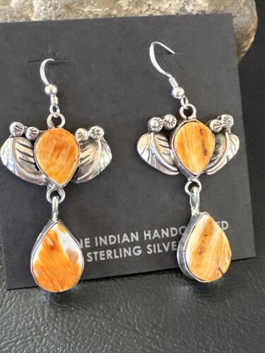 Navajo Orange Spiny Oyster Dangle Earrings | Sterling Silver | 1.5" | Authentic Native American Handmade | 16576