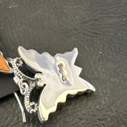 Navajo Butterfly Orange Spiny Oyster Inlay Earrings | Sterling Silver | Authentic Native American Handmade | 16523