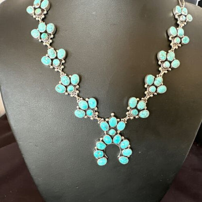 Navajo Blue Kingman Turquoise Squash Blossom Necklace | Sterling Silver | 16828
