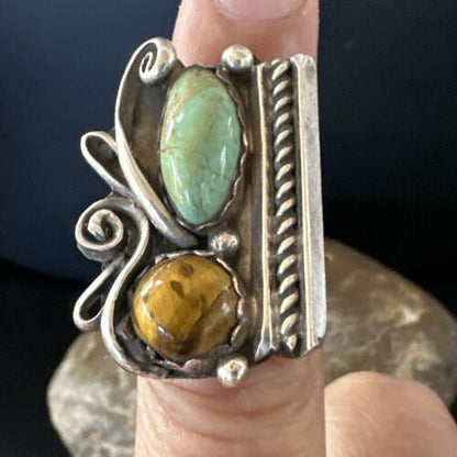 Navajo Turquoise Multi-Stone Adjustable Ring | Authentic Native American Sterling Silver | Sz 5 | 16891