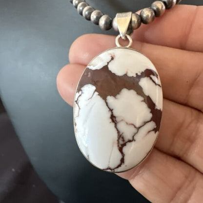 Navajo Wild Horse Turquoise Pendant | Sterling Silver Necklace with Pearls | Authentic Native American Handmade | 15717