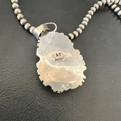 White Buffalo Turquoise Pendant | Navajo Pearls Sterling Silver Necklace | Authentic Native American Handmade | 17109