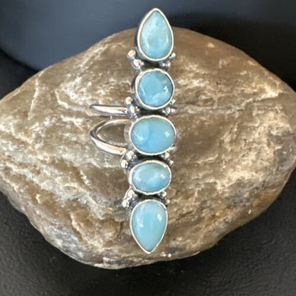 Navajo Blue Larimar Cluster Ring | Authentic Native American Sterling Silver | Multi-Stone | Sz 8.5 | 15936