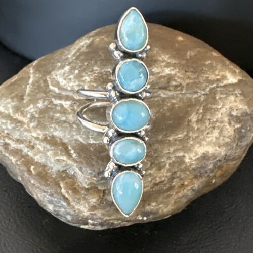 Navajo Blue Larimar Cluster Ring | Authentic Native American Sterling Silver | Multi-Stone | Sz 8.5 | 15936