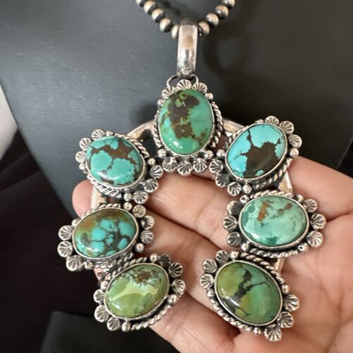Men's Blue Spiderweb Turquoise Naja Pendant Necklace | Navajo Sterling Silver | 16950