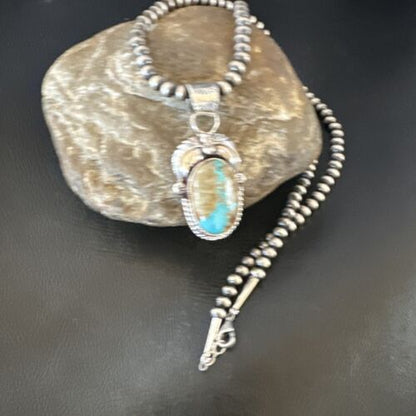 Navajo Blue Boulder Turquoise Necklace Pendant | Sterling Silver | Authentic Native American Handmade | 16139