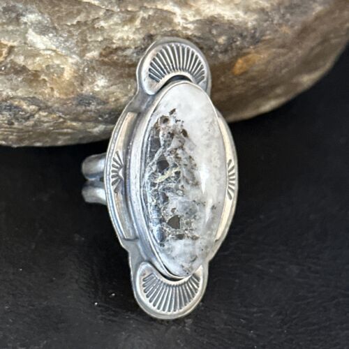 Navajo White Buffalo Turquoise Ring | Sterling Silver | Sz 8 | Authentic Native American Handmade | 14555