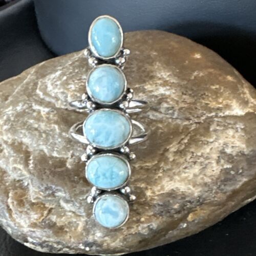 Navajo Blue Larimar Cluster Ring | Authentic Native American Sterling Silver | Multi-Stone | Sz 8 | 15932