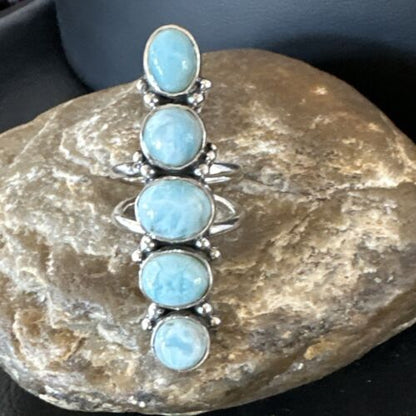 Navajo Blue Larimar Cluster Ring | Authentic Native American Sterling Silver | Multi-Stone | Sz 8 | 15932