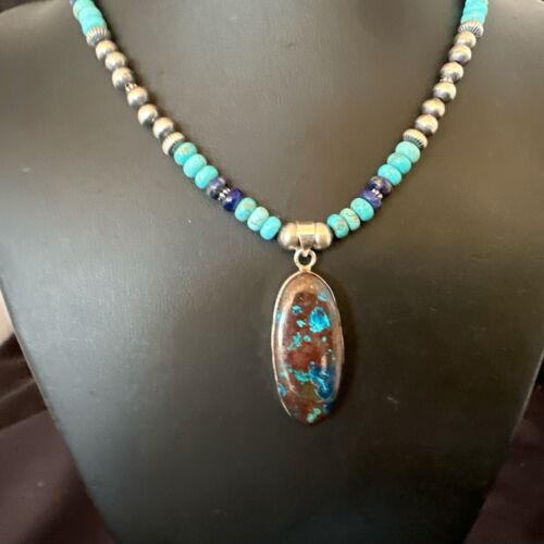 Navajo Blue Turquoise Jasper Lapis Inaly Pendant Necklace | Sterling Silver | 16926