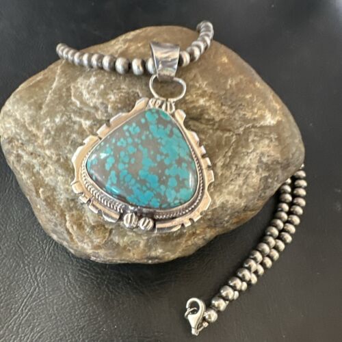 Navajo Men's Blue Turquoise #8 Pendant Necklace | Sterling Silver | Authentic Native American Handmade | 17123