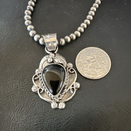 Navajo Pearls Black Onyx Necklace Pendant | Sterling Silver | Authentic Native American Handmade | 16525