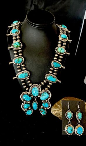 Navajo Ultra Rare Sonoran Mountain Blue Turquoise Squash Blossom Necklace Set | Sterling Silver | 17209