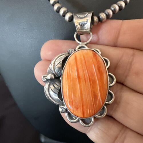 Navajo Orange Spiny Oyster Pendant Necklace | Sterling Silver | Authentic Native American Handmade | 15628