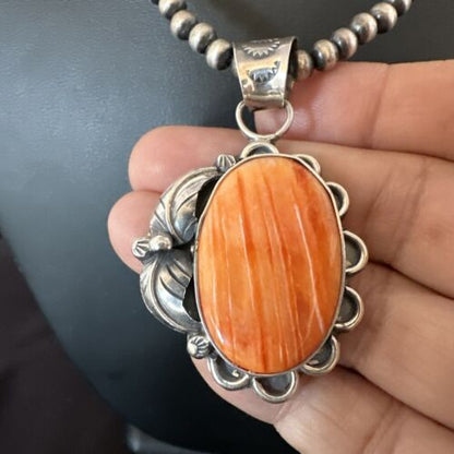 Navajo Orange Spiny Oyster Pendant Necklace | Sterling Silver | Authentic Native American Handmade | 15628