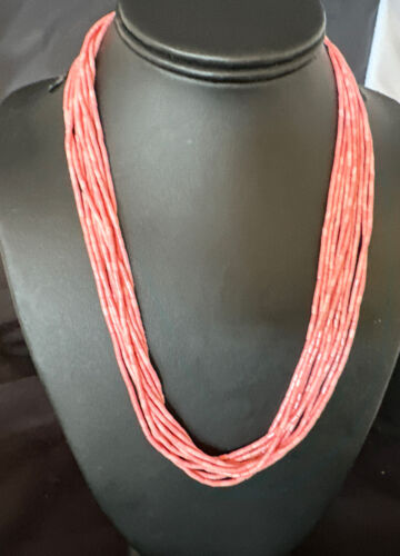 Pink Conch Tube Heishi Bead Necklace | 10 Strand Navajo Sterling Silver | 19" | 15086