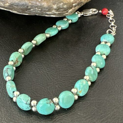 Navajo Blue Turquoise Bead Bracelet | Sterling Silver Link | 8" | Authentic Native American Jewelry | 17235