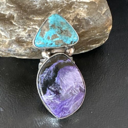 Navajo Blue Turquoise Purple Charoite Ring | Authentic Native American Sterling Silver | Multi-Stone | Sz 8 | 15916