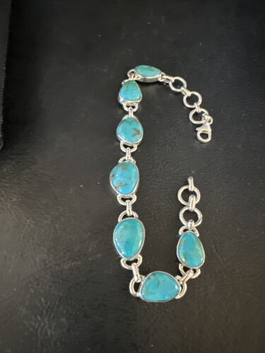Navajo Blue Turquoise Link Bracelet | Sterling Silver | 8" | Authentic Native American Handmade | 15475