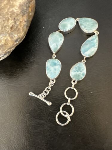 Navajo Blue Larimar Link Bracelet | Sterling Silver | 8" | Authentic Native American Handmade | 16079