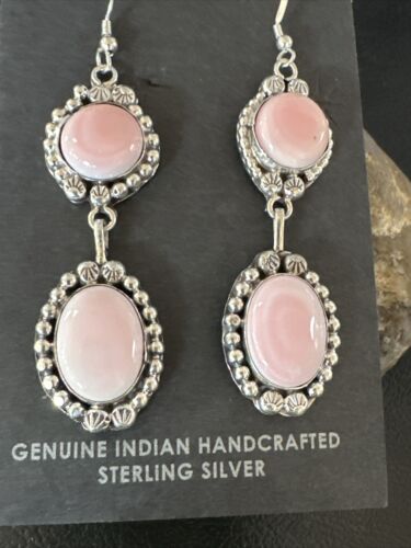 Navajo Pink Conch Shell Dangle Earrings | Sterling Silver | Authentic Native American Handmade | 17199