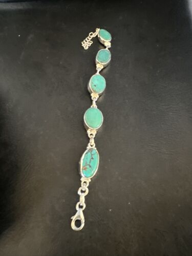 Navajo Blue Turquoise Link Bracelet | Sterling Silver | 8" | Authentic Native American Handmade | 15466