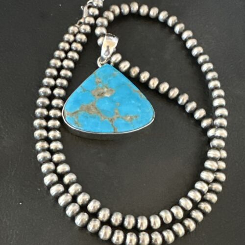 Navajo Blue Kingman Turquoise Pendant Necklace | Sterling Silver | 20" | Authentic Native American Handmade | 17002