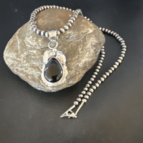 Navajo Pearls Black Onyx Necklace | Sterling Silver | Authentic Native American Handmade | 16133