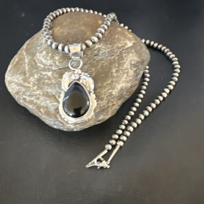 Navajo Pearls Black Onyx Necklace | Sterling Silver | Authentic Native American Handmade | 16133