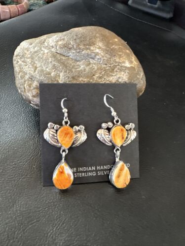 Navajo Orange Spiny Oyster Dangle Earrings | Sterling Silver | 1.5" | Authentic Native American Handmade | 16576