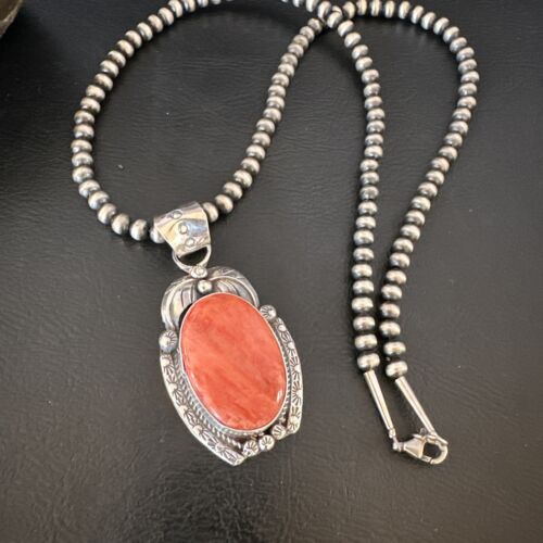 Navajo Red Spiny Oyster Pendant Necklace | Sterling Silver | Authentic Native American Handmade | 15632