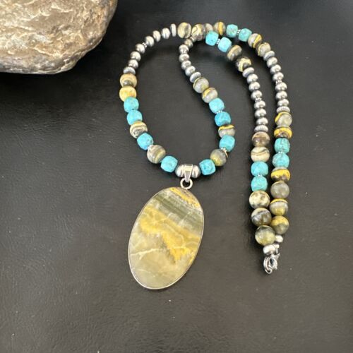 Men's BumbleBee Jasper Pendant Necklace | Navajo Pearls | Sterling Silver | Authentic Native American Handmade | 16878