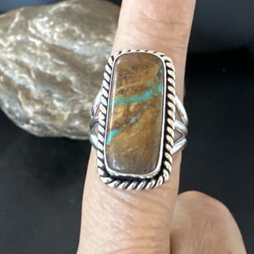 Navajo Ribbon Boulder Green Turquoise Ring | Sterling Silver | Sz 8 | Authentic Native American Handmade | 16384