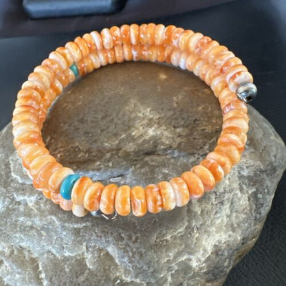 Navajo Orange Spiny Oyster Blue Turquoise Bracelet | 6mm Memory Wire Steel | Authentic Native American Handmade | 17621