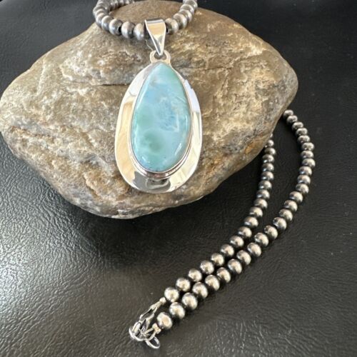 Navajo Blue Larimar Pendant Necklace | Sterling Silver Beads | Authentic Native American Handmade | 16485